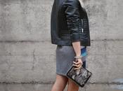 Outfit: gray dress leather jacket