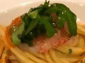Spaghetti quadrati cremoso aglio, carpaccio gambero crescione.